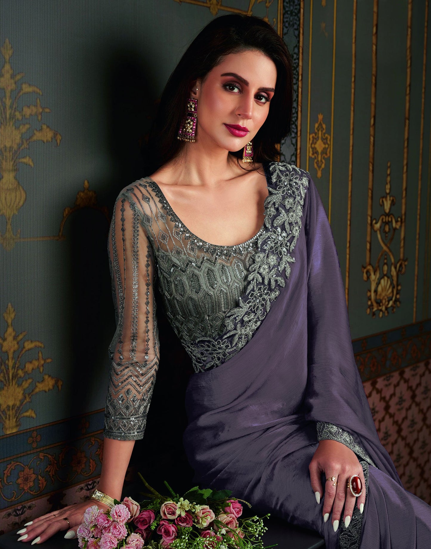 Grey Satin Plain Saree