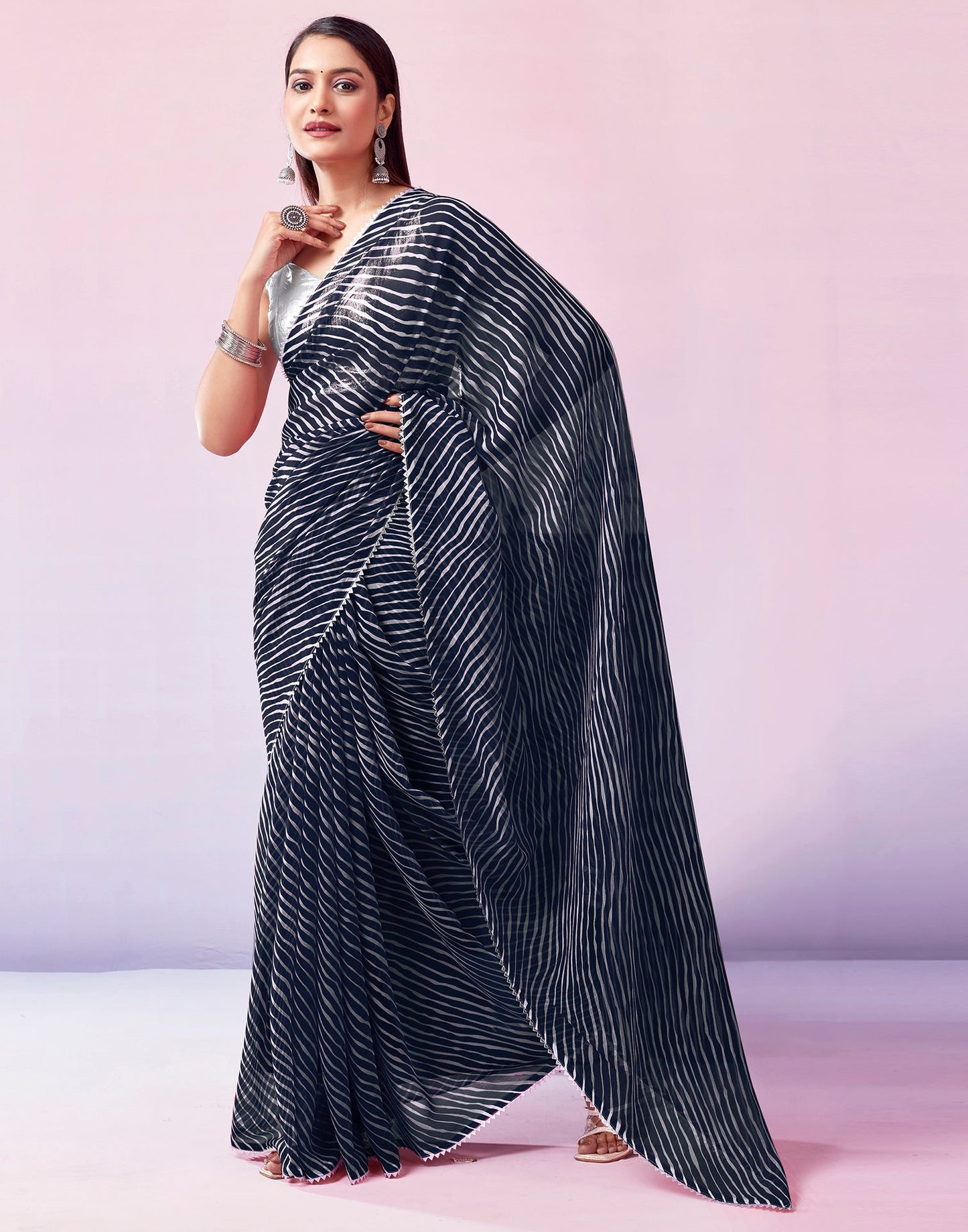 Navy Blue Georgette Printed Saree