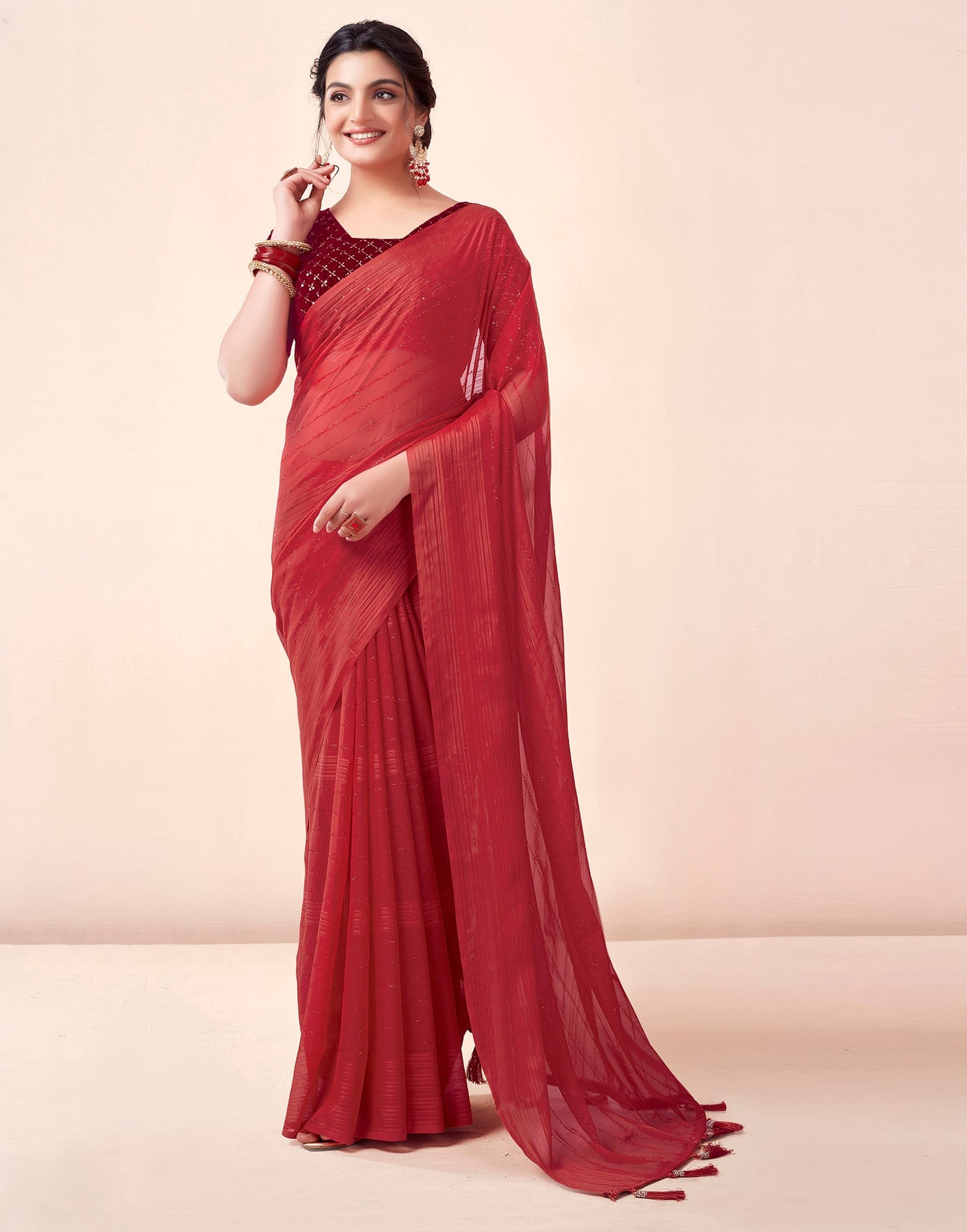 Red Georgette Plain Saree