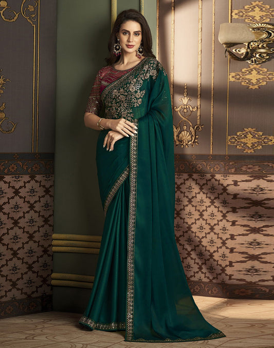 Dark Green Chiffon Plain Saree