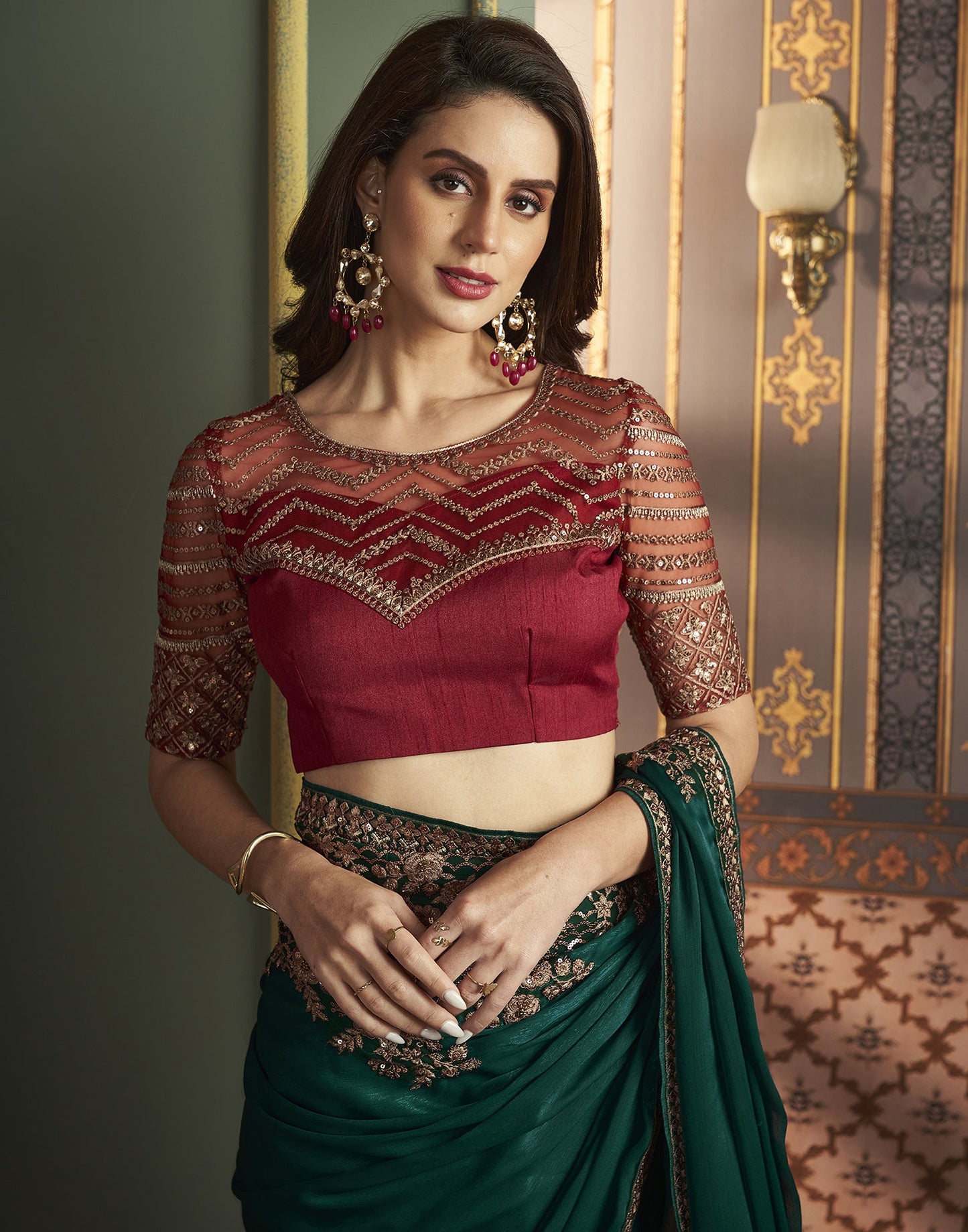 Dark Green Chiffon Plain Saree