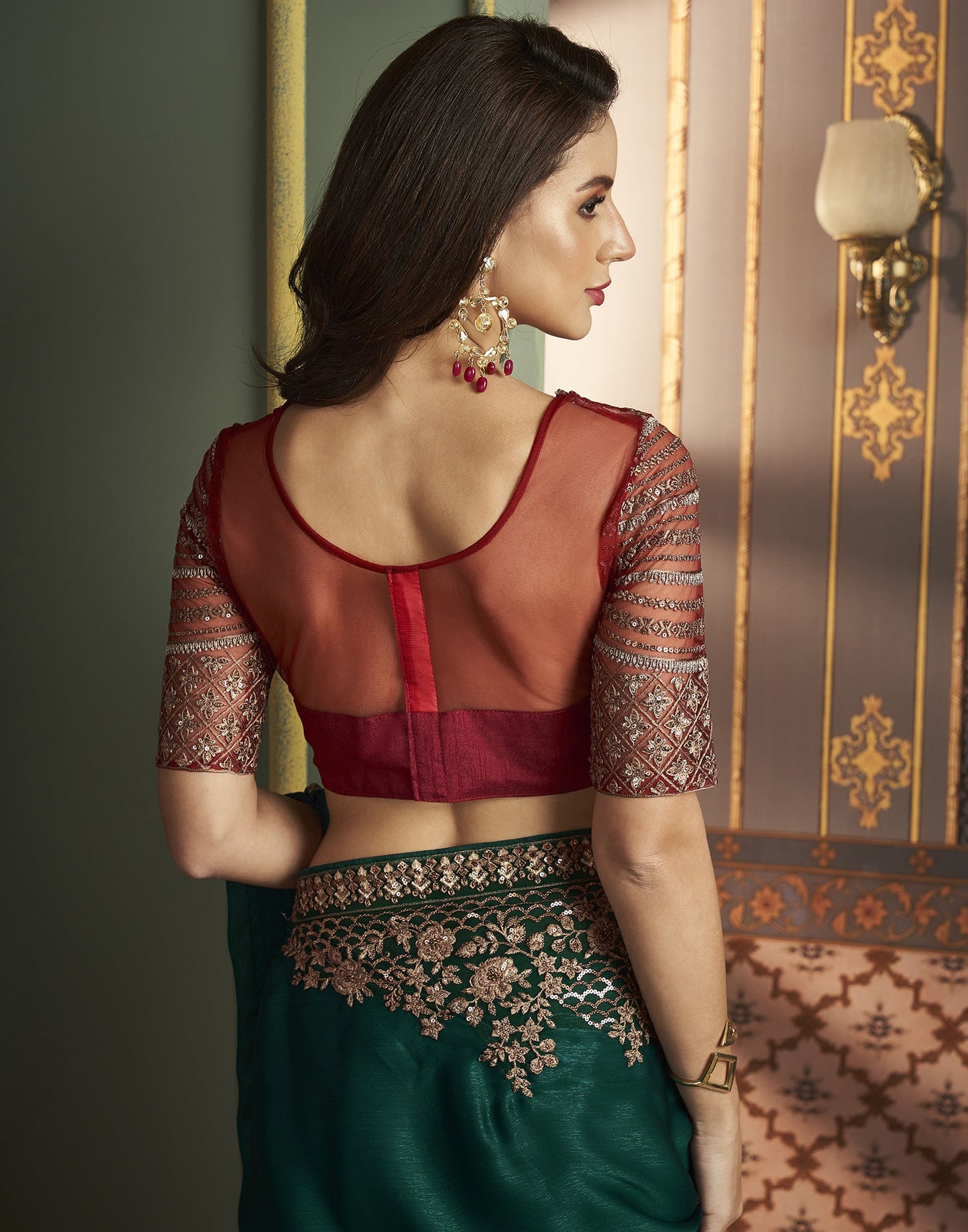 Dark Green Chiffon Plain Saree