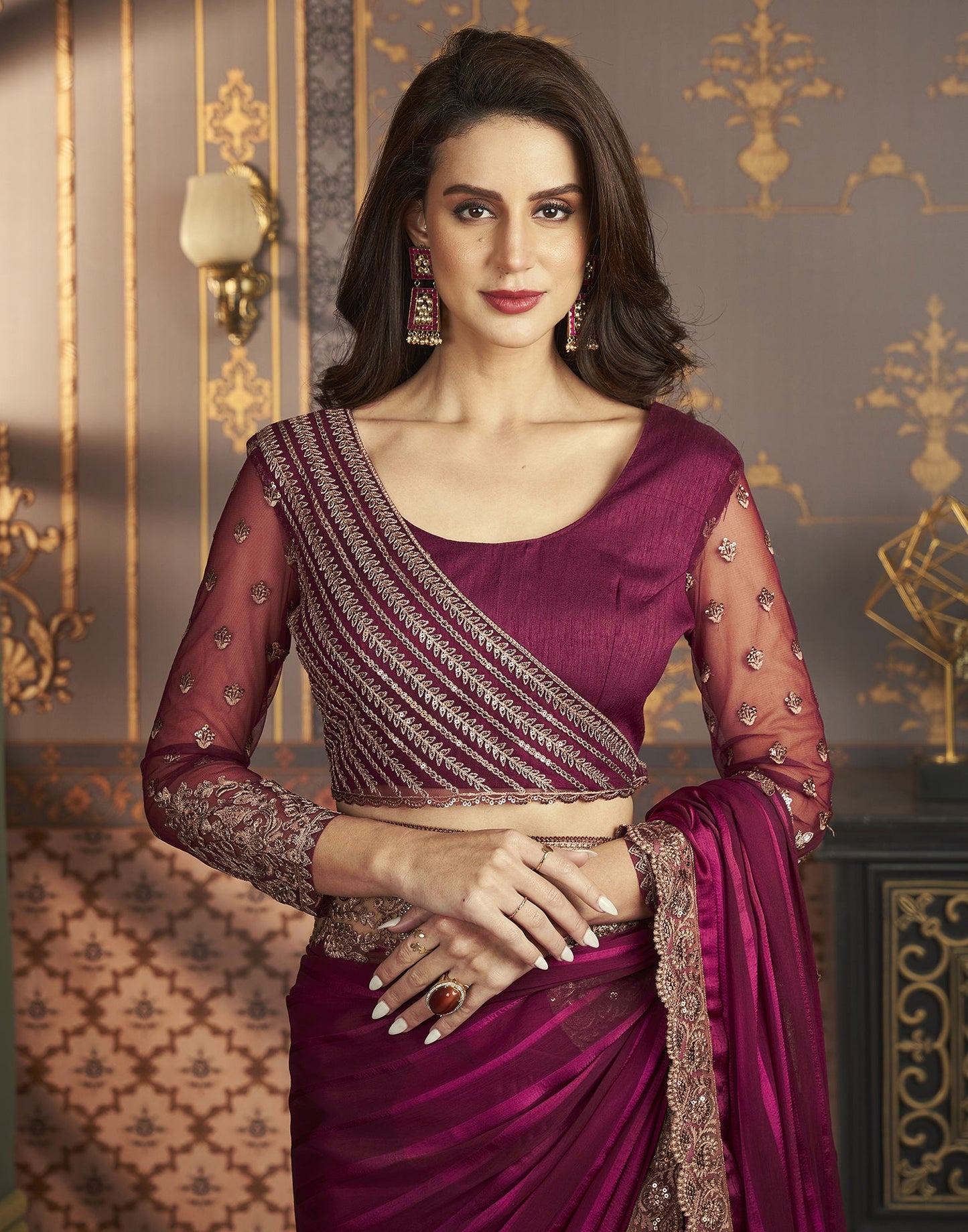 Wine Chiffon Plain Saree