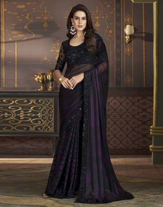 Black & Wien Chiffon Plain Saree