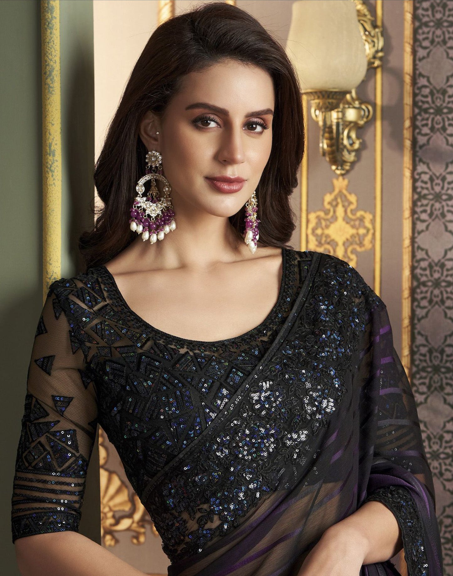 Black & Wien Chiffon Plain Saree