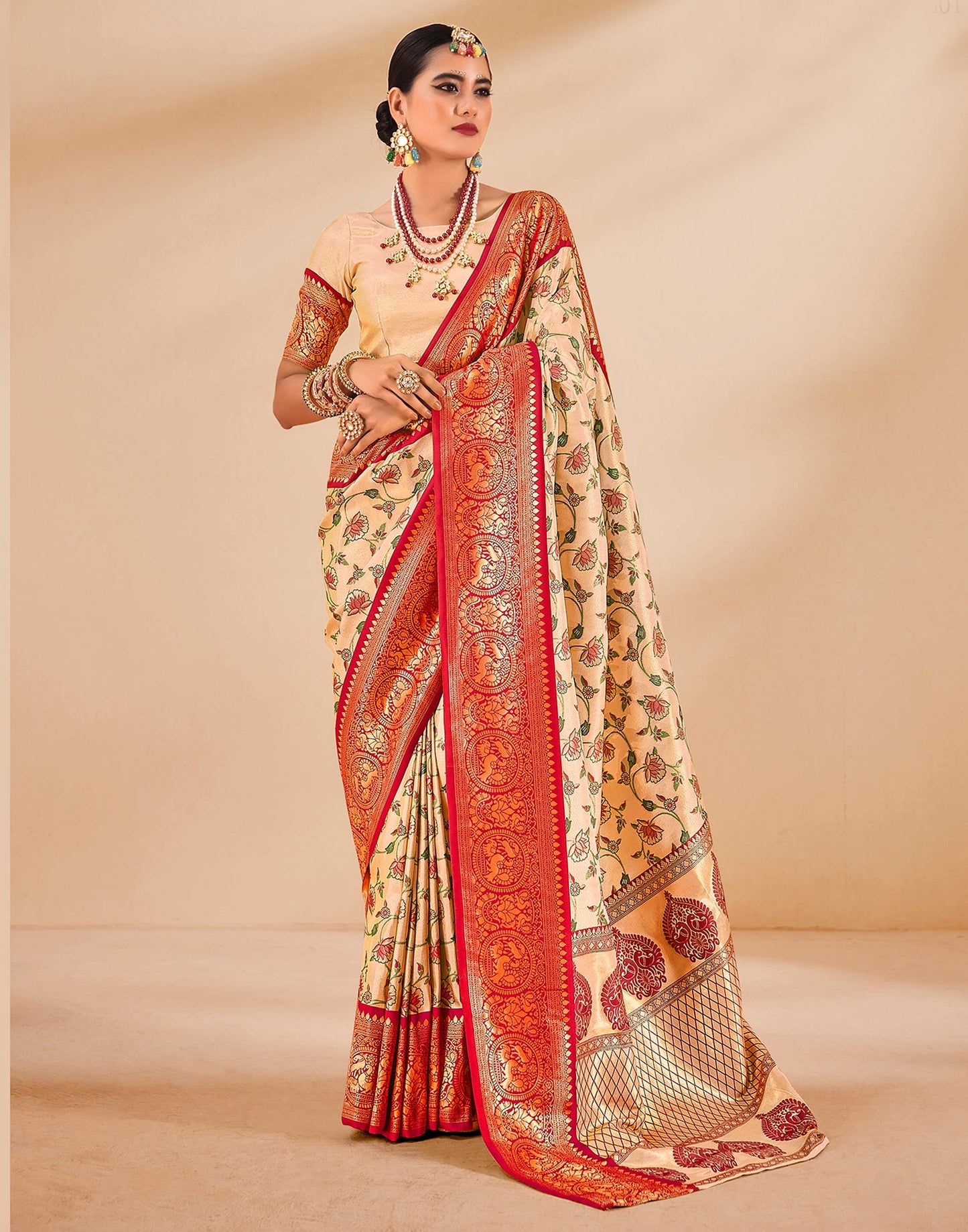 Gold & Peach Silk Weaving Saree