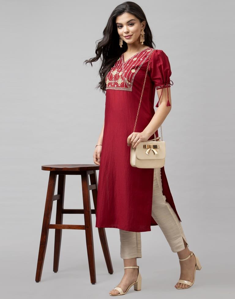 Maroon Embroidered Kurti | Leemboodi