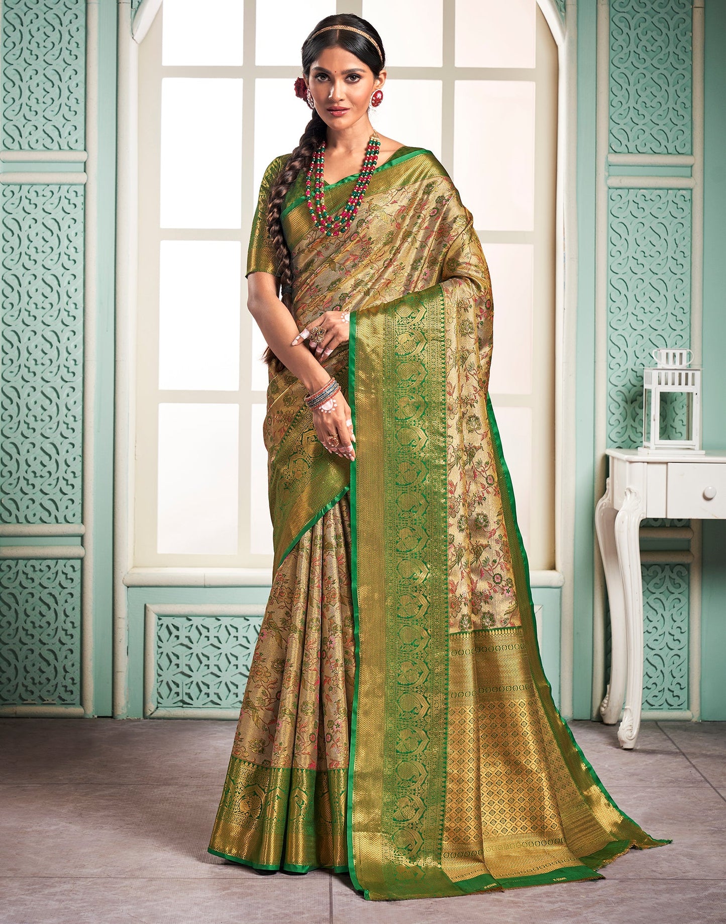 Gold & Light Green Silk Weaving Saree