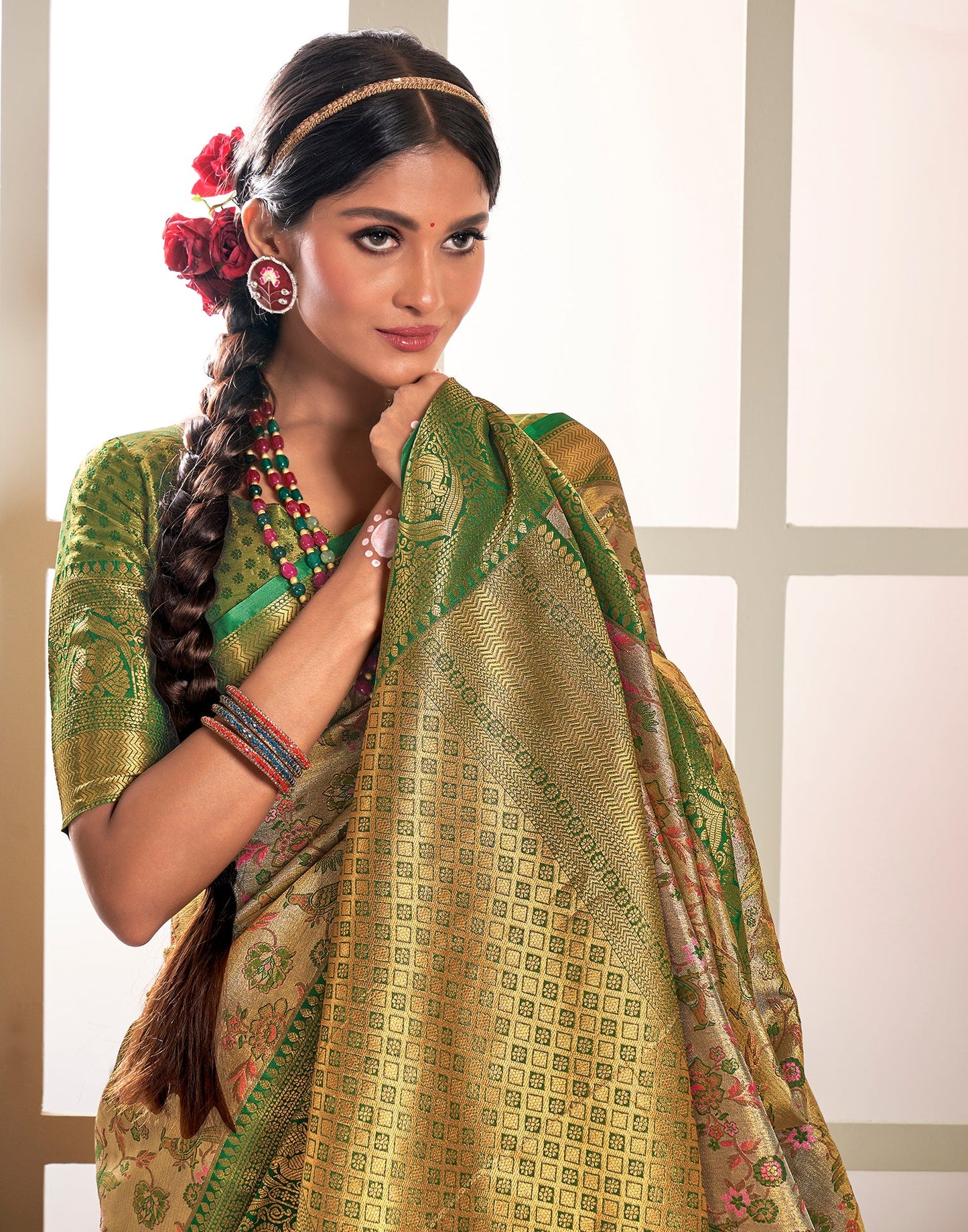 Gold & Light Green Silk Weaving Saree