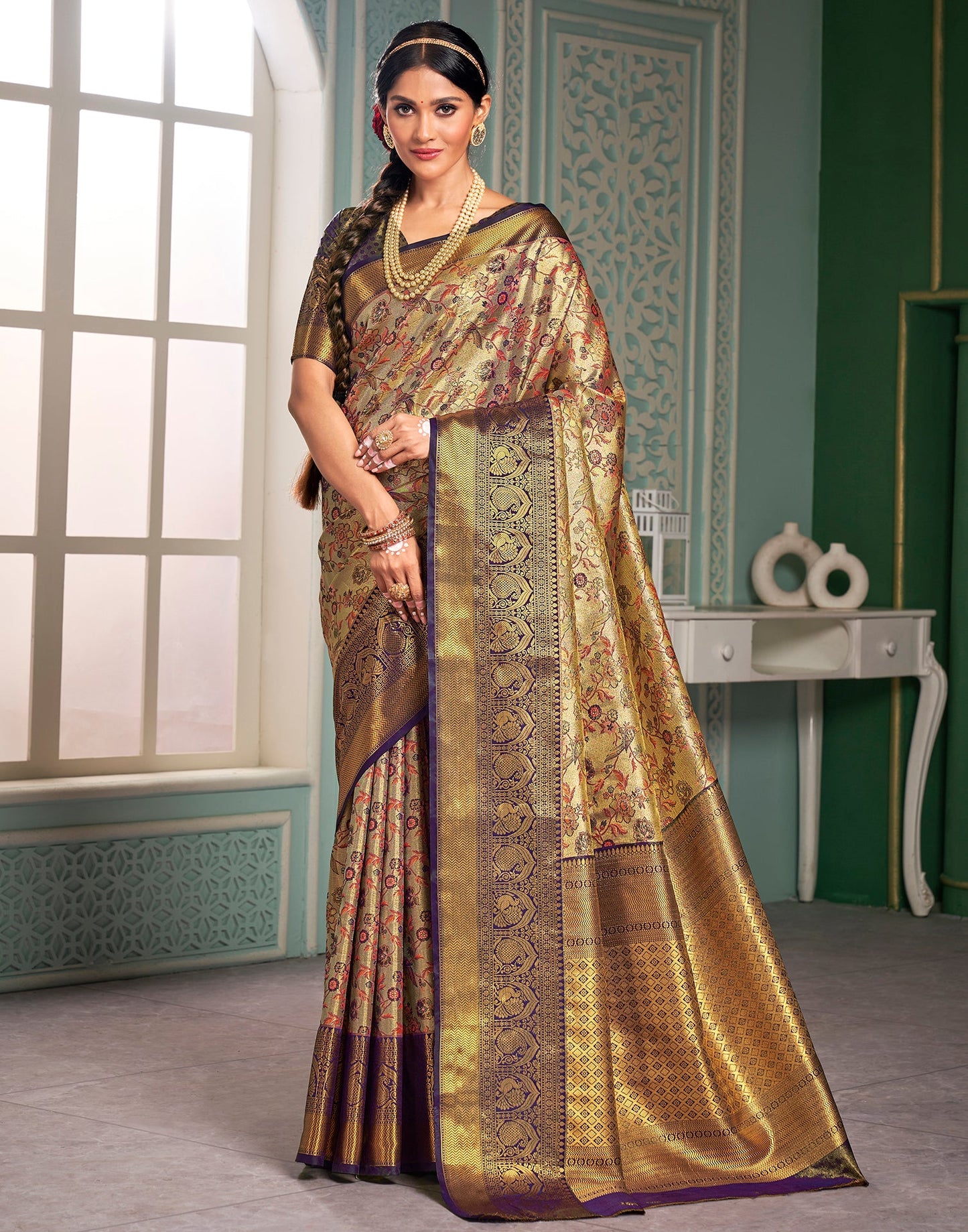 Gold & Wien Silk Weaving Saree
