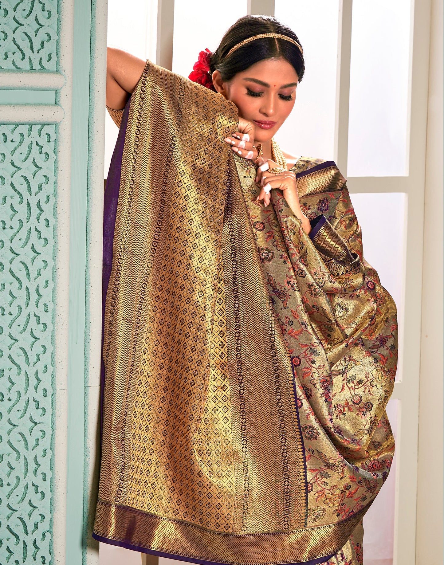 Gold & Wien Silk Weaving Saree