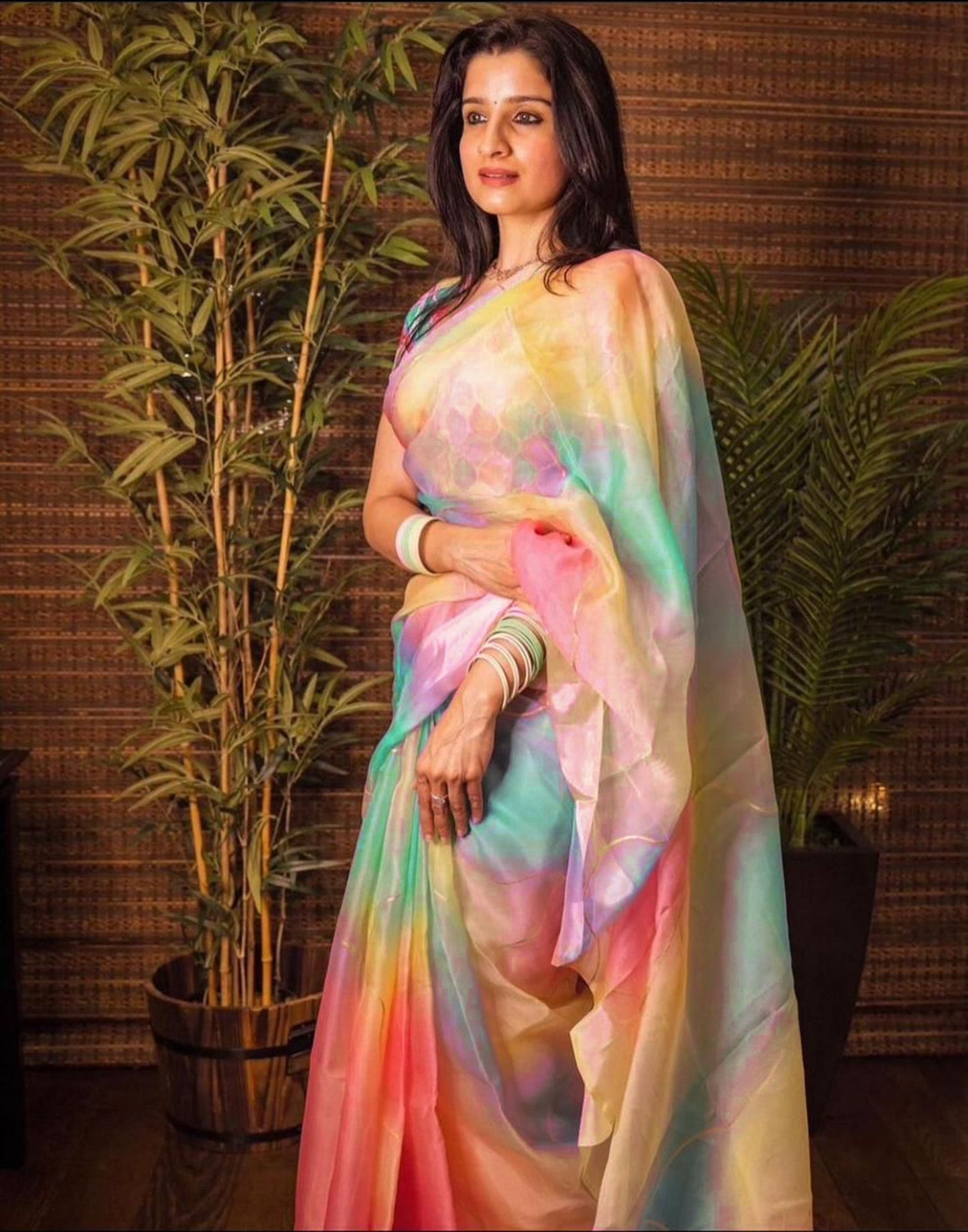 Multicoloured Organza Printed Saree