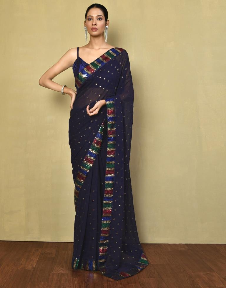Navy Blue Georgette Plain Saree