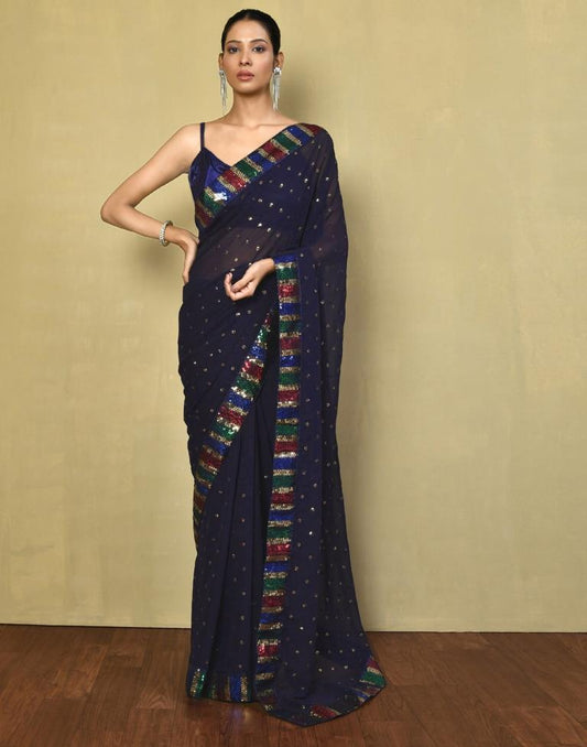 Navy Blue Georgette Plain Saree