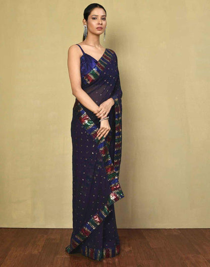 Navy Blue Georgette Plain Saree