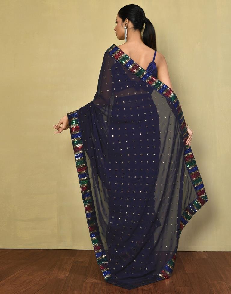 Navy Blue Georgette Plain Saree