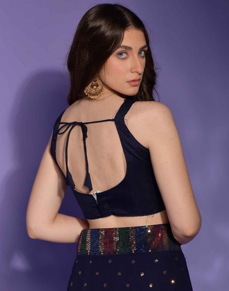 Navy Blue Georgette Plain Saree