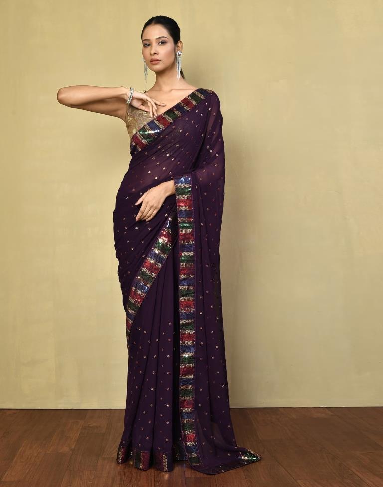 Deep Purple Georgette Plain Saree