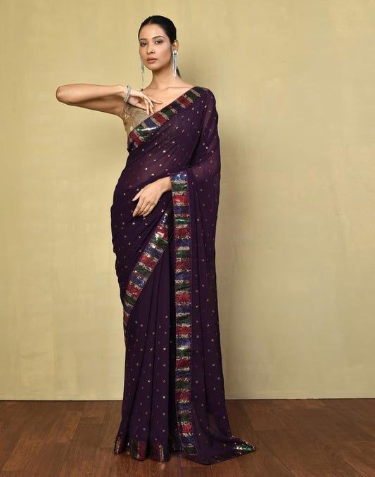Deep Purple Georgette Plain Saree