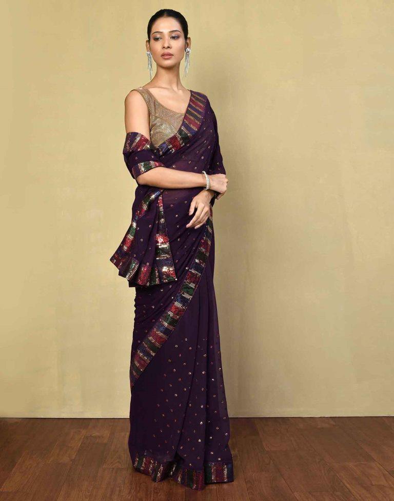 Deep Purple Georgette Plain Saree