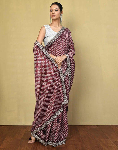 Dusty Maroon Silk Printed Saree