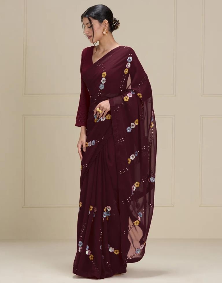 Maroon Georgette Plain Saree