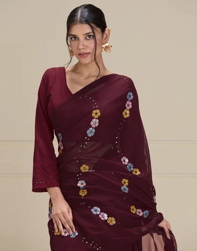 Maroon Georgette Plain Saree