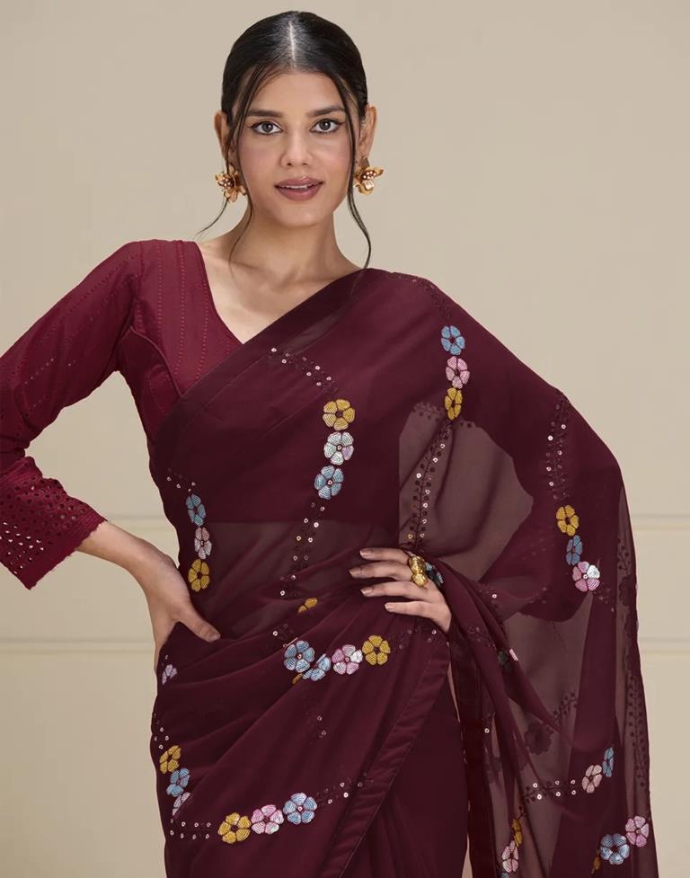 Maroon Georgette Plain Saree