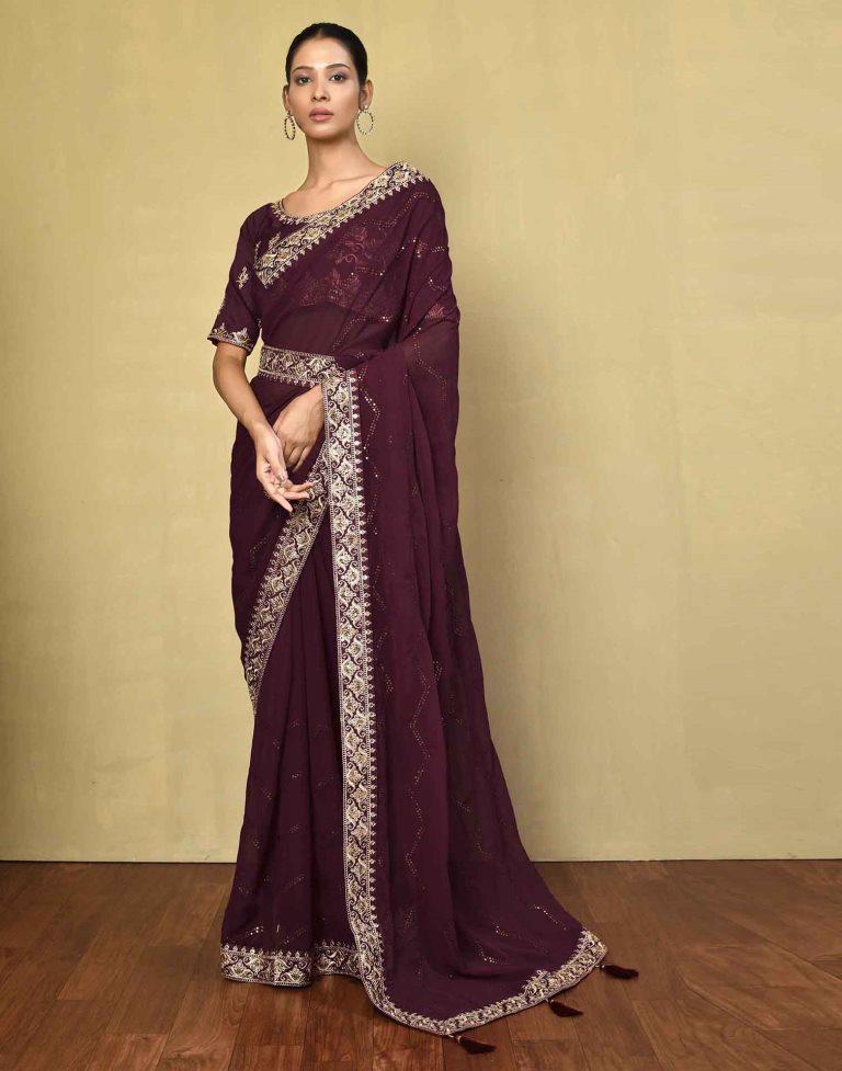Maroon Georgette Plain Saree