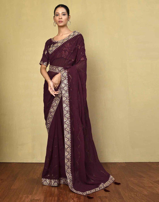 Maroon Georgette Plain Saree