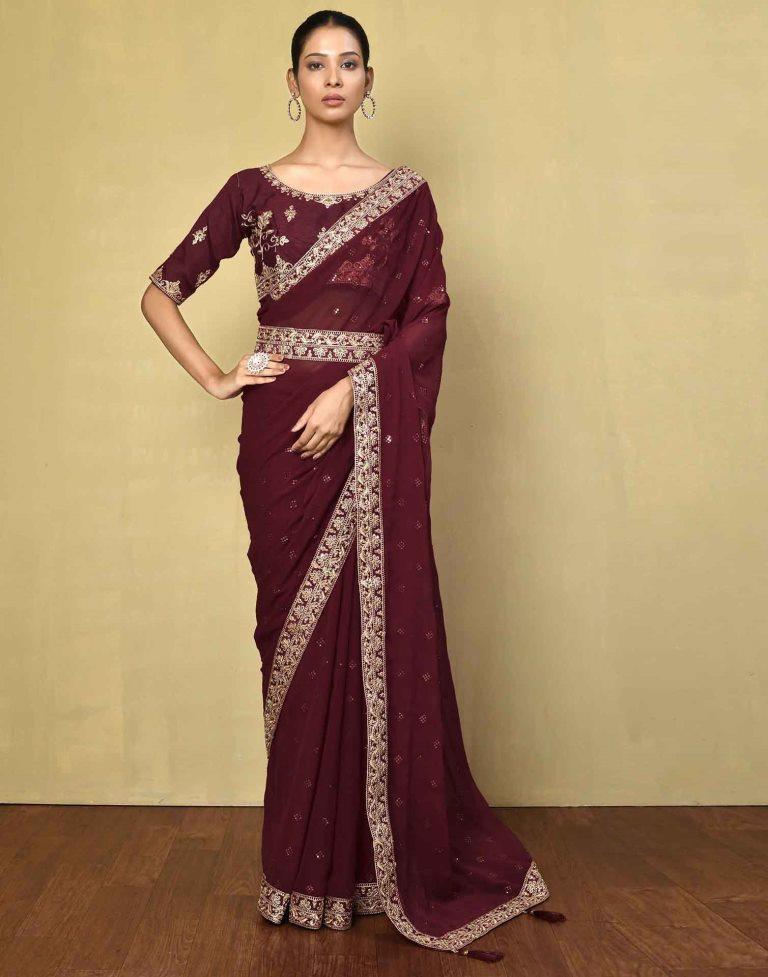Maroon Georgette Plain Saree