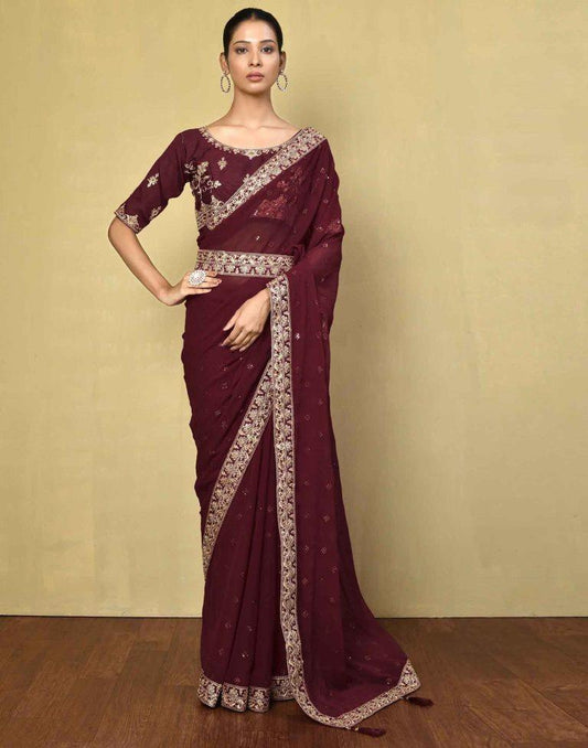 Maroon Georgette Plain Saree