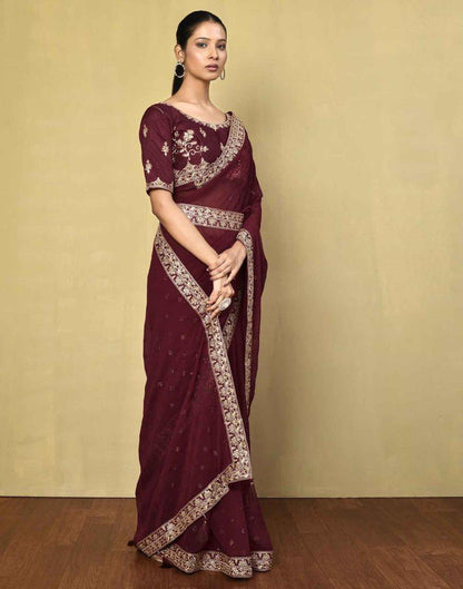 Maroon Georgette Plain Saree