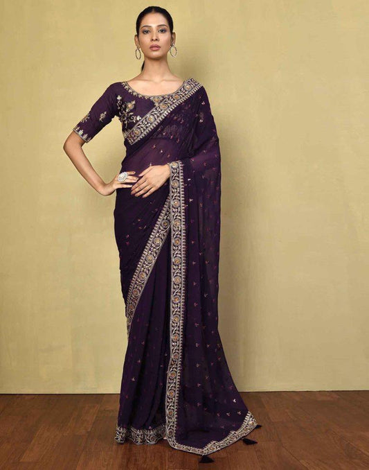 Deep Purple Georgette Plain Saree