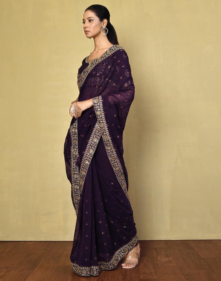 Deep Purple Georgette Plain Saree