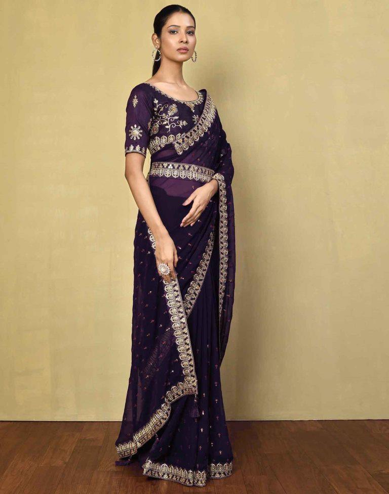 Deep Purple Georgette Plain Saree