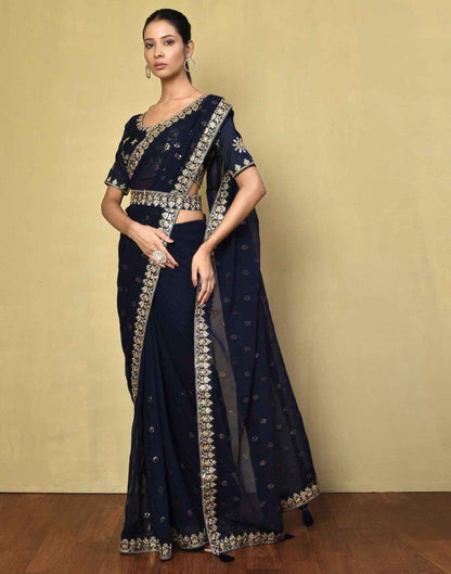 Navy Blue Georgette Plain Saree