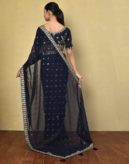 Navy Blue Georgette Plain Saree