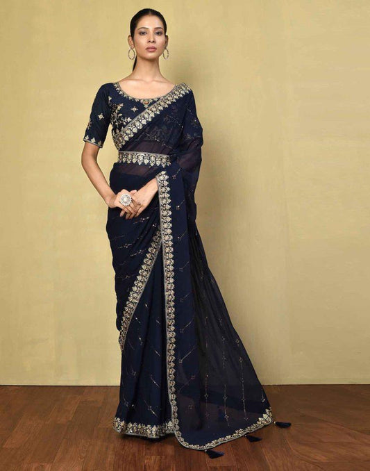 Navy Blue Georgette Plain Saree