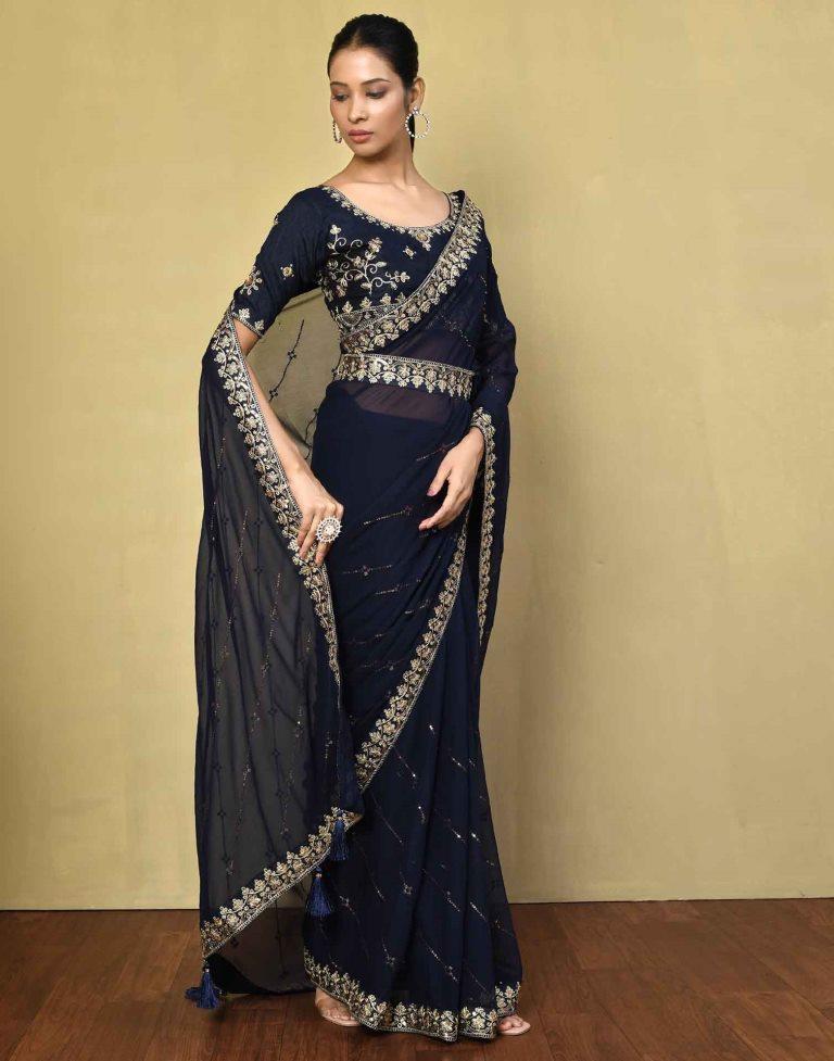 Navy Blue Georgette Plain Saree