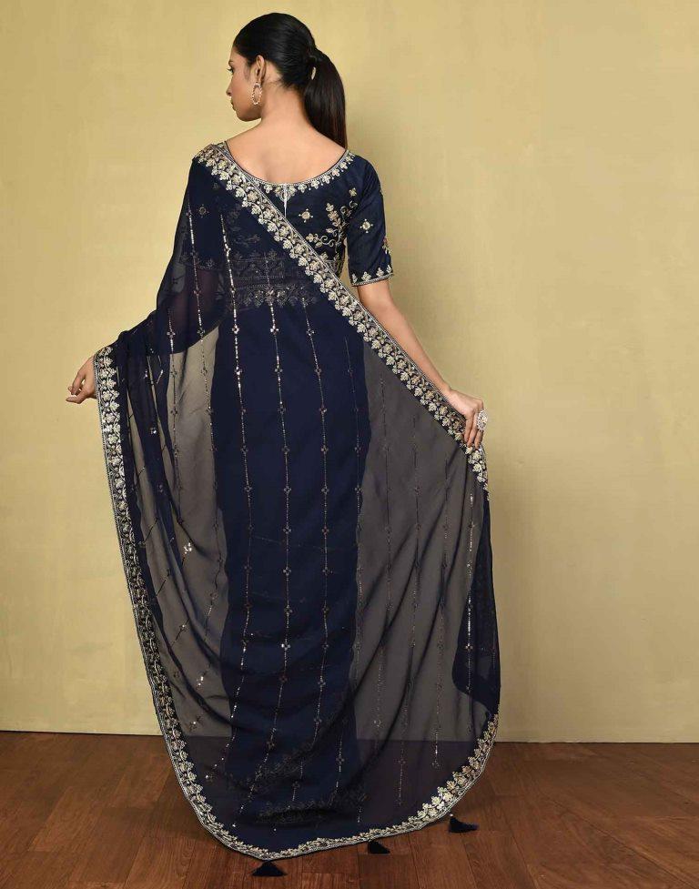 Navy Blue Georgette Plain Saree