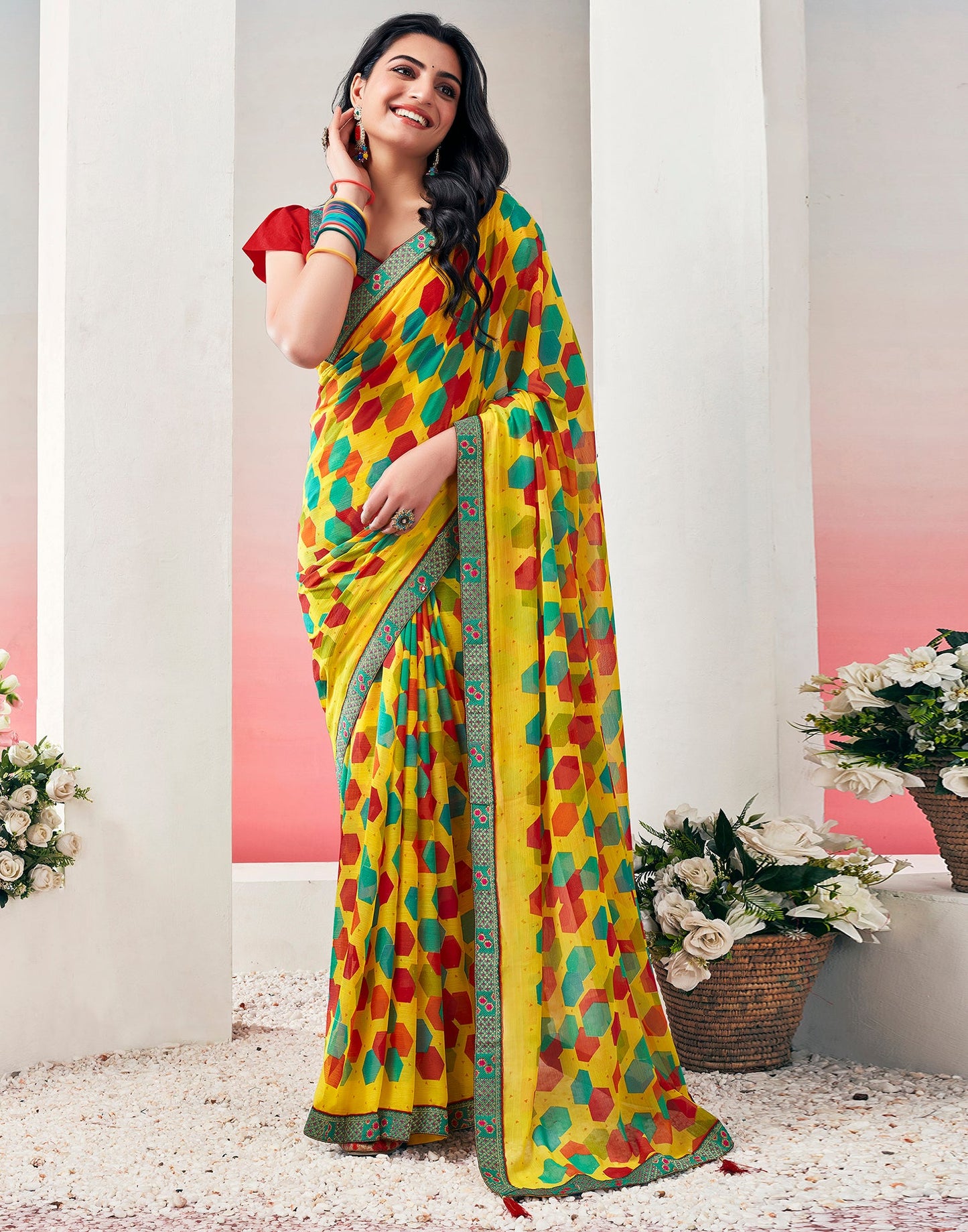 Yellow & Multicolored Chiffon Printed Saree