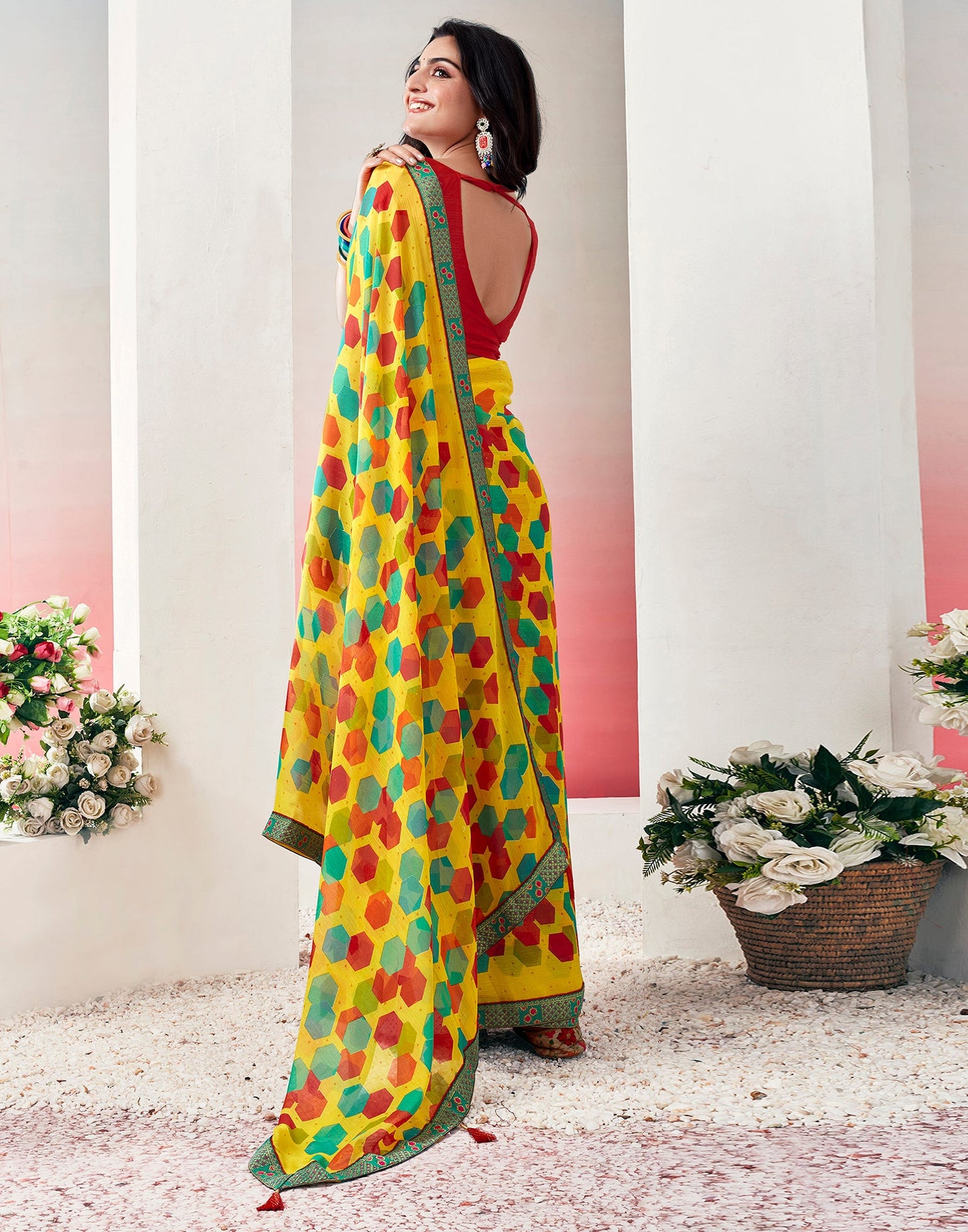Yellow & Multicolored Chiffon Printed Saree