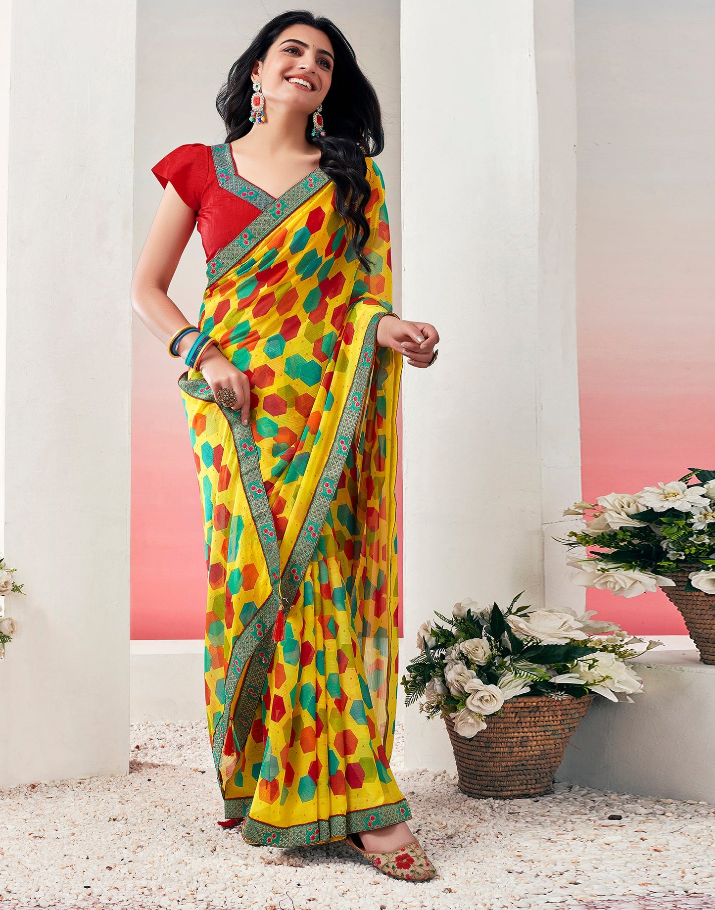 Yellow & Multicolored Chiffon Printed Saree
