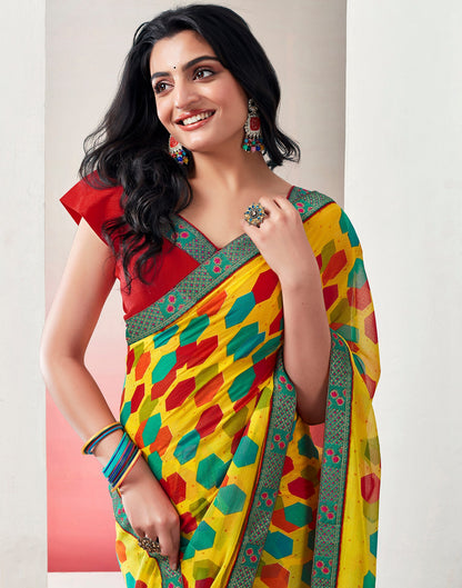 Yellow & Multicolored Chiffon Printed Saree