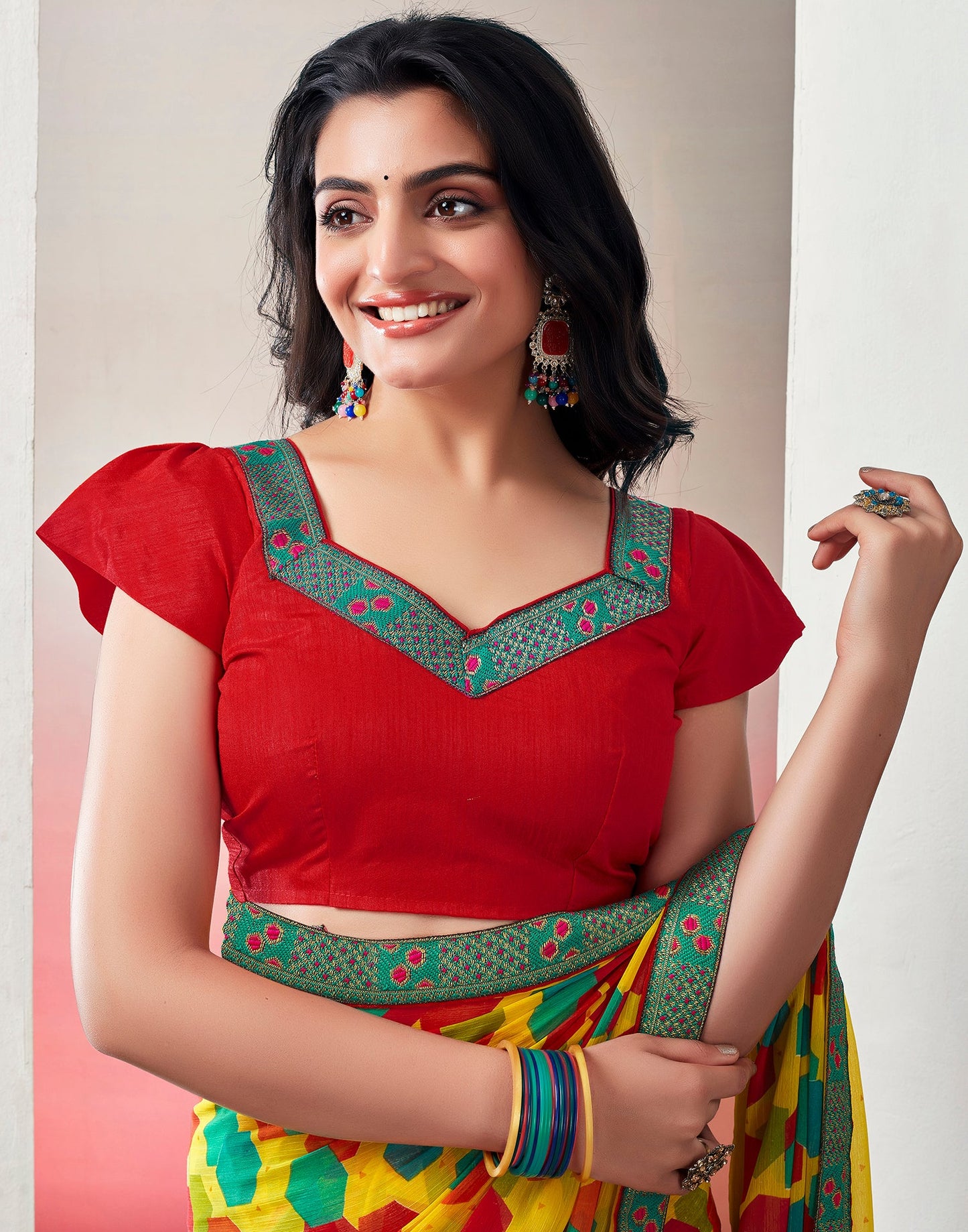 Yellow & Multicolored Chiffon Printed Saree