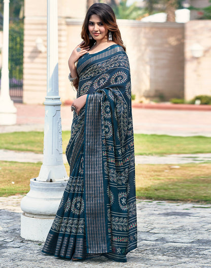 Sea Blue Silk Printed Saree