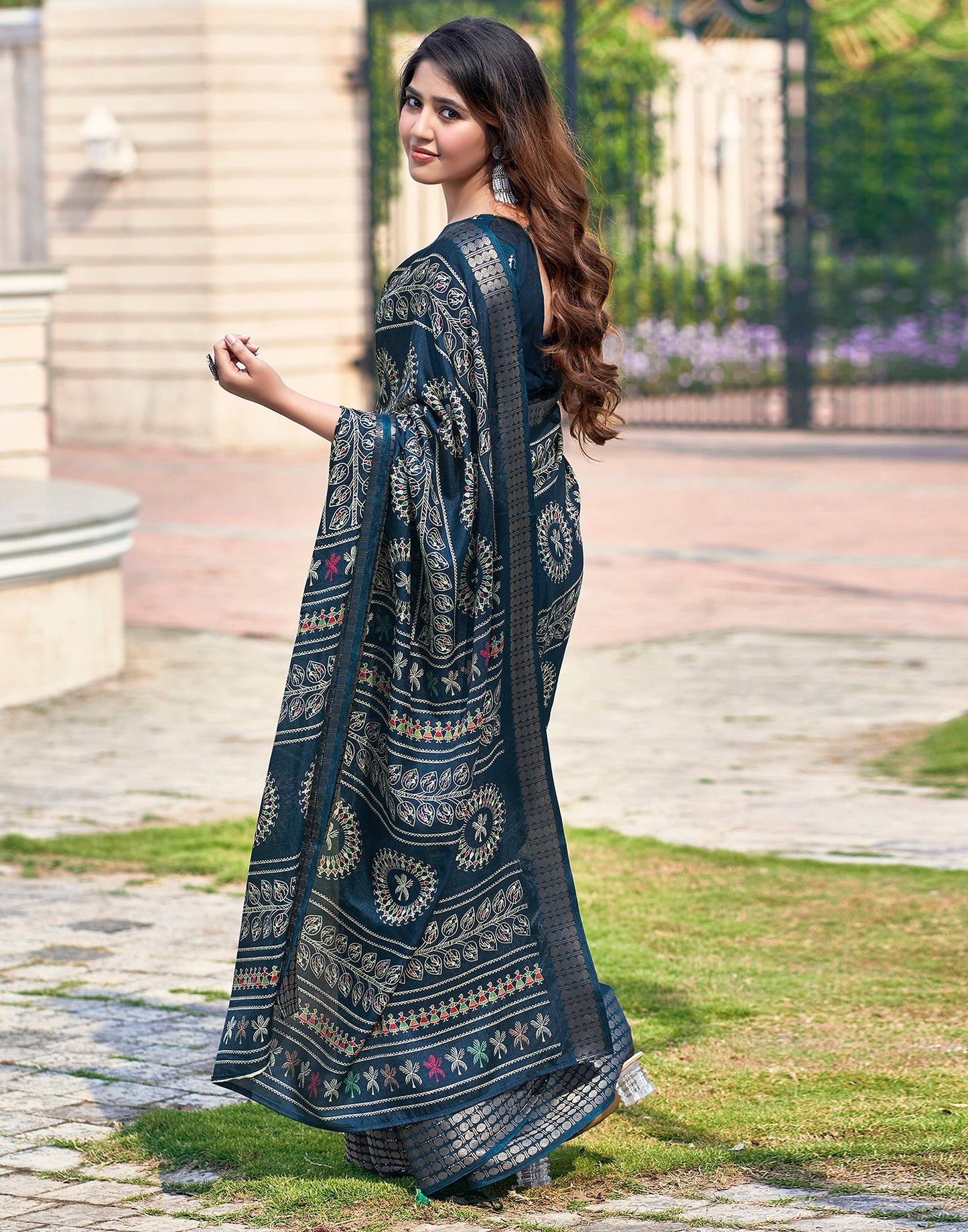 Sea Blue Silk Printed Saree