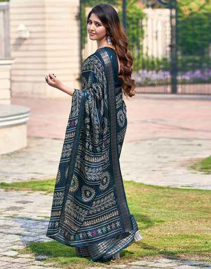 Sea Blue Silk Printed Saree