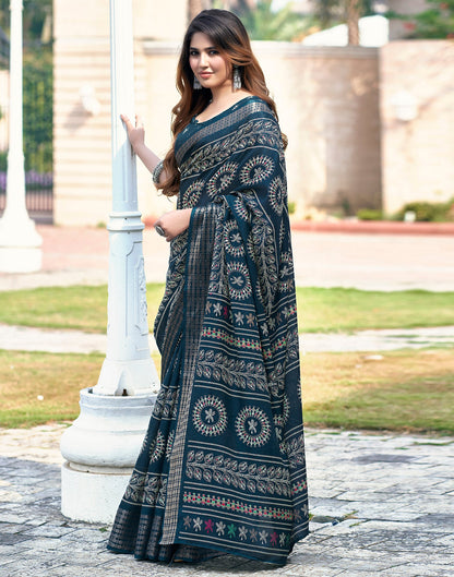 Sea Blue Silk Printed Saree